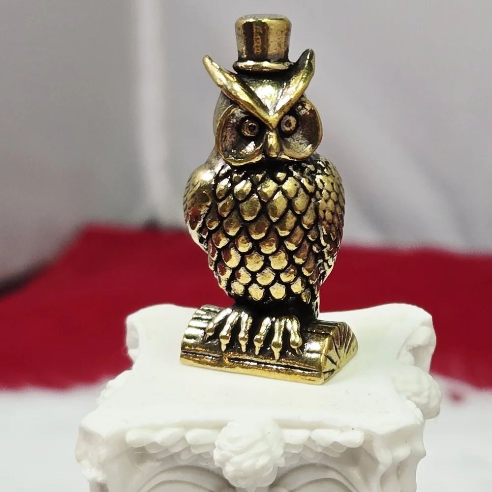 Mini Vintage Brass Owl Top Hat Figurine Gold Curio Collectible Miniature Decor